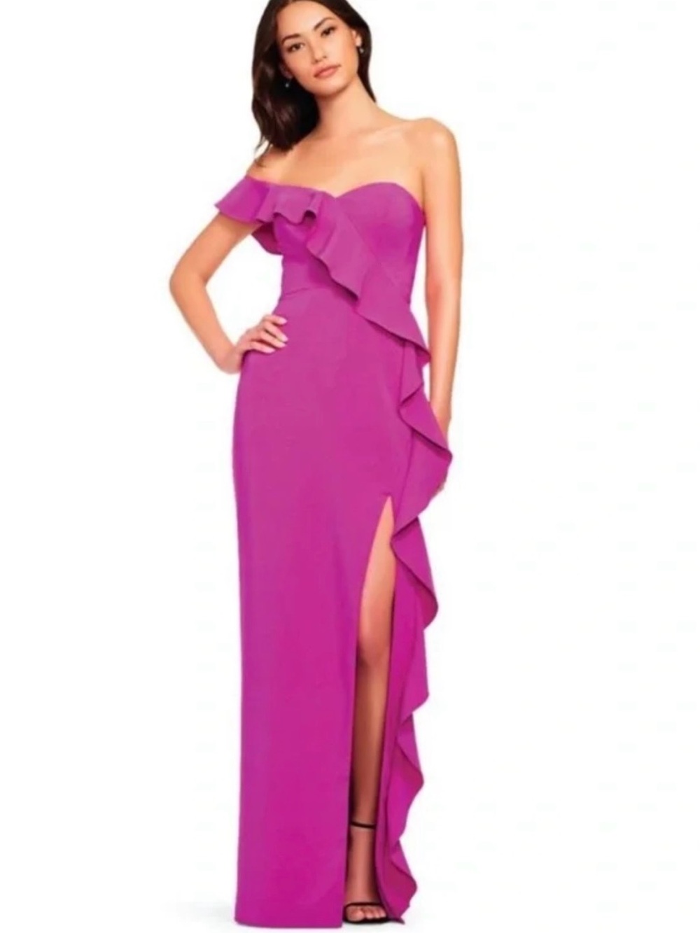 Aiden Mattox One-Shoulder Flounce Crepe Column Gown
